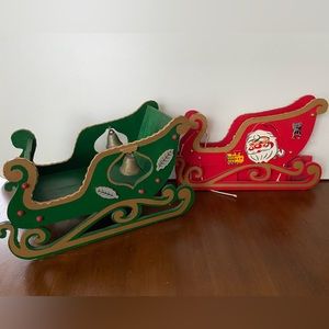 Vintage Japan Wooden Christmas Sleighs, Santa & Holly, Red & Green, Set of 2